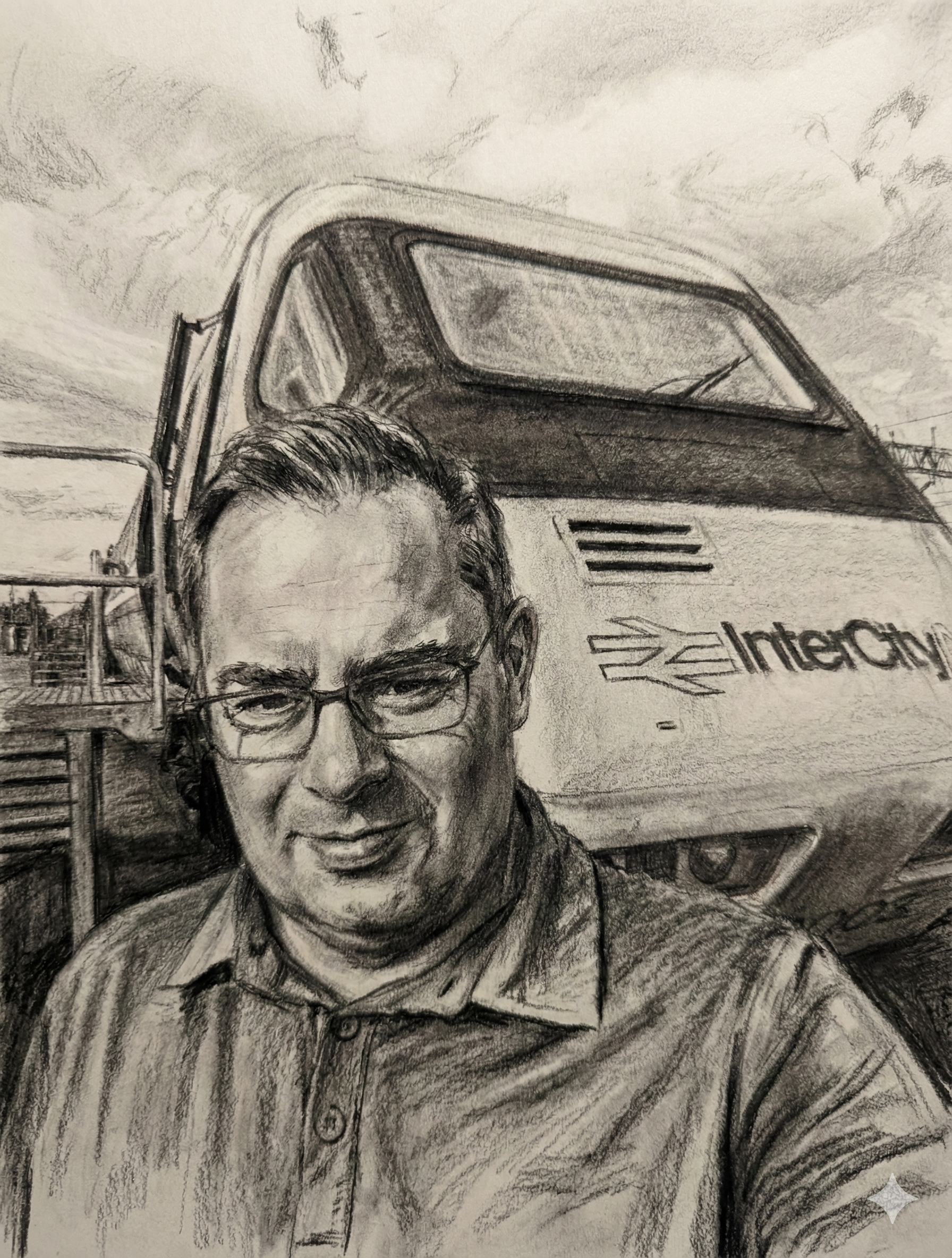 Colin McLaren standing by train charcoal drawing
